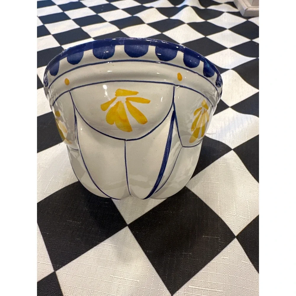 Vintage Ceramic ABC Fluted Cake Mold Dome Pan Blue Yellow Floral Kitchenware 4